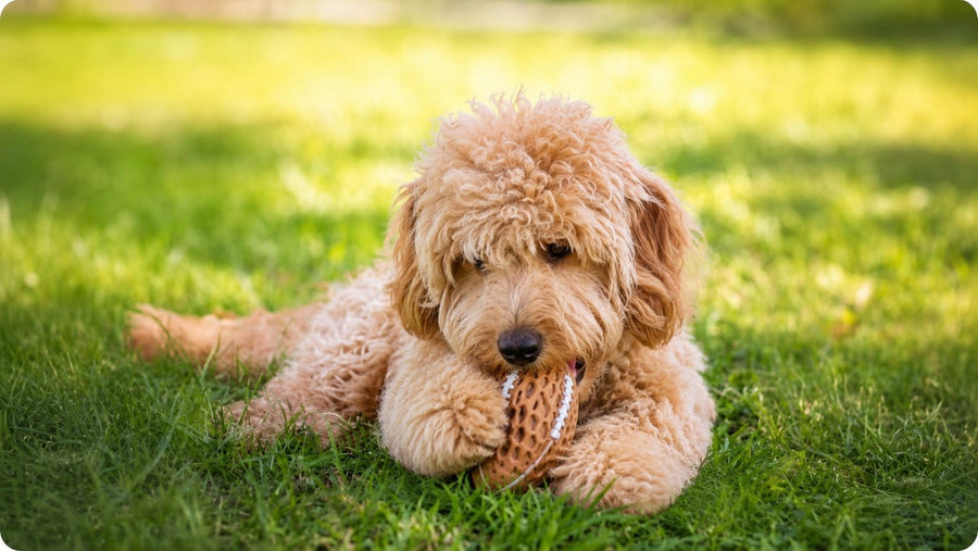 An Oodle playing with the Mini Squeaky Footy from The Oodle Club
