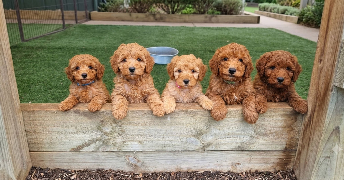 Five Doodle puppies lined up with paws on a garden bed, illustrating the range of coat and colour variation covered in this myths article