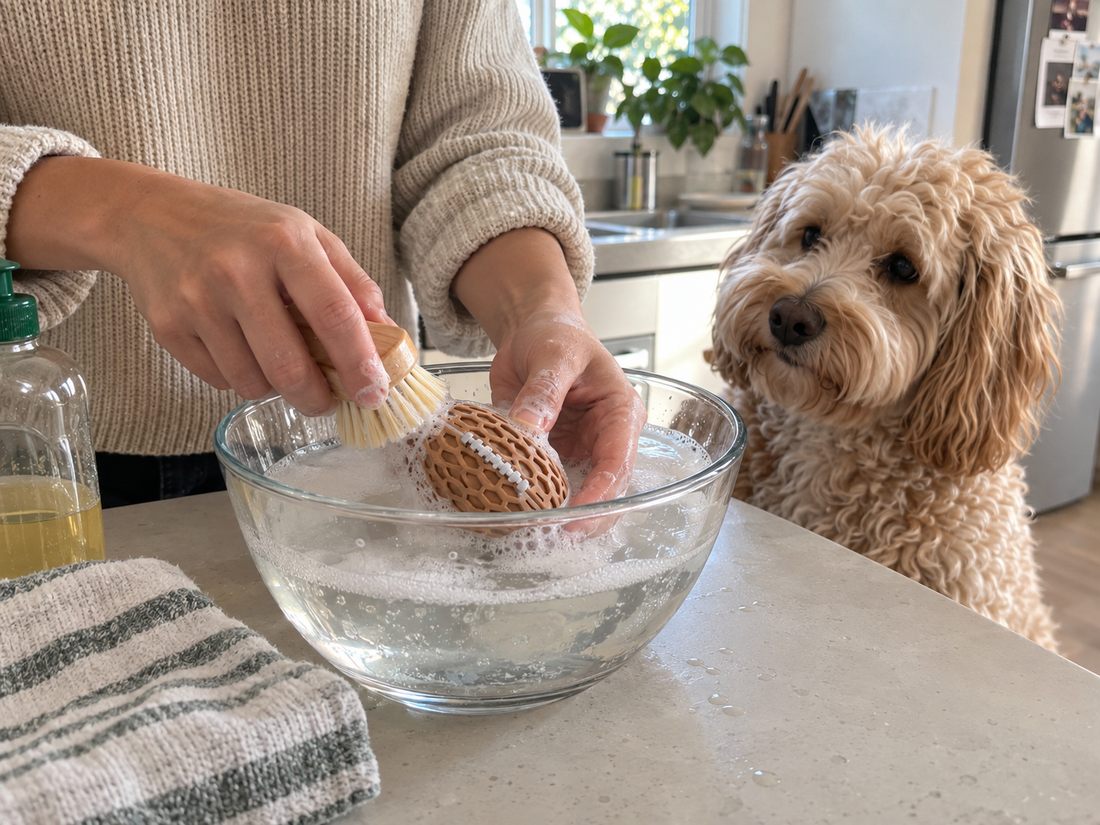 Clean chew toys being washed to prevent mould buildup