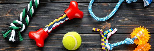 A flat lay of dog toys on a dark wooden surface: rope tugs, a rubber bone, a tennis ball and a spiky rubber chew