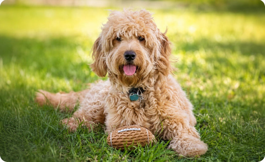 An Oodle playing with the Mini Squeaky Footy from The Oodle Club