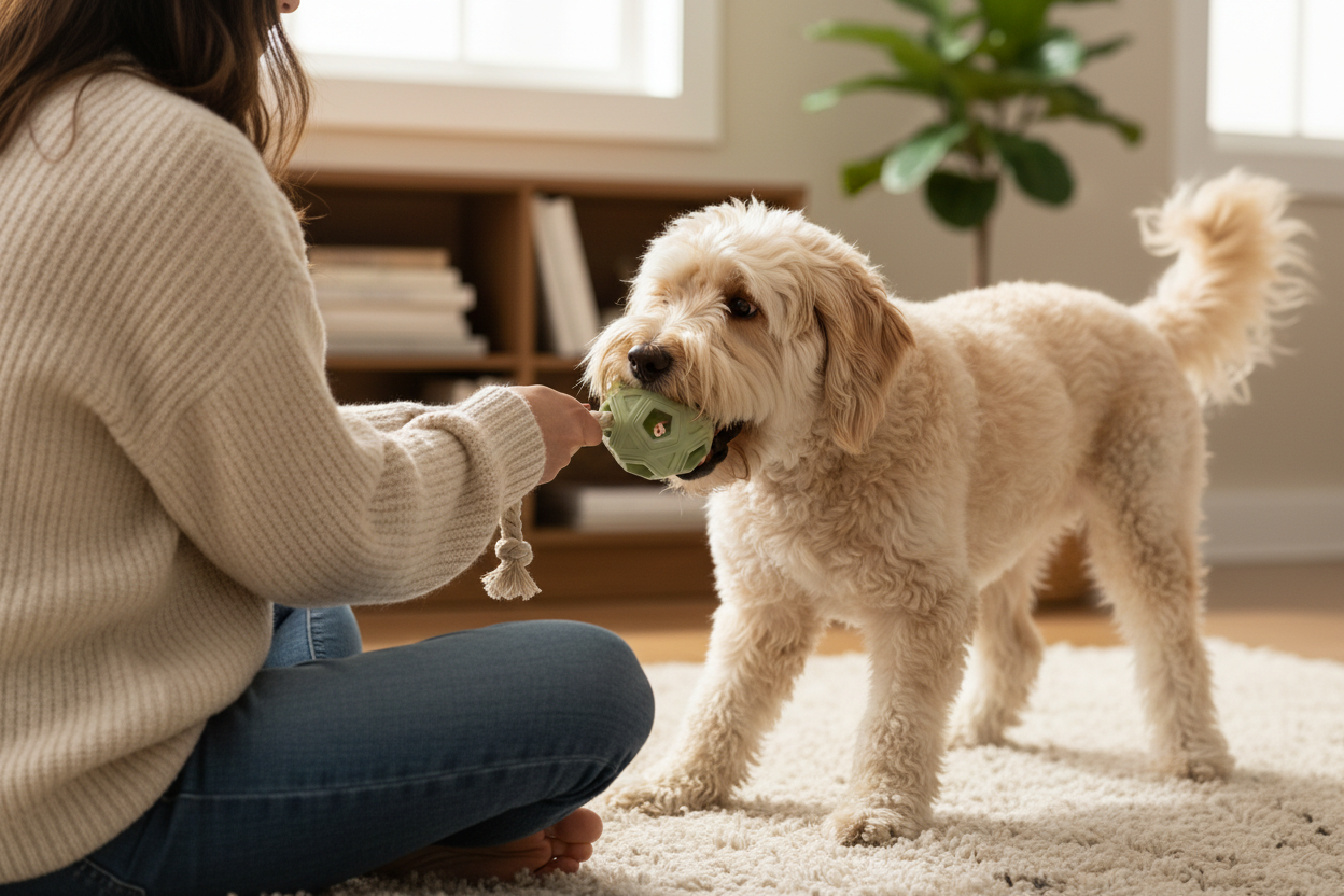 Tug and Tumble - owner on rug